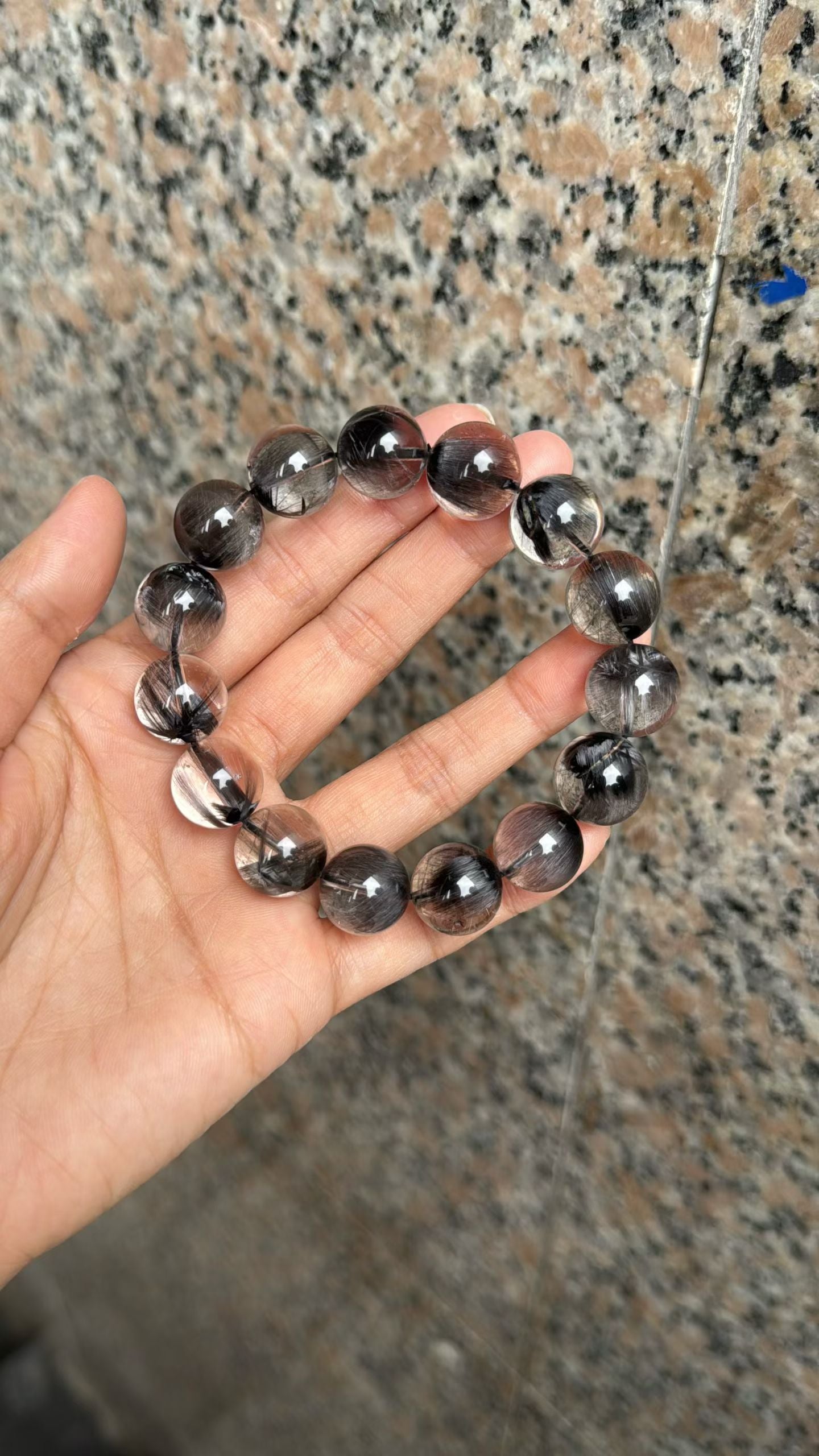 14mm High Quality Rare Natural Genuine Black Brookite Platinum Silver Rutilated Quartz Bracelet healing energy bracelet