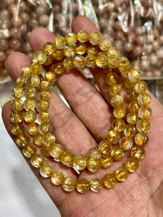 6.5mm Natural Golden Rutilated Crystal quartz beads bracelet,3 laps bracelet