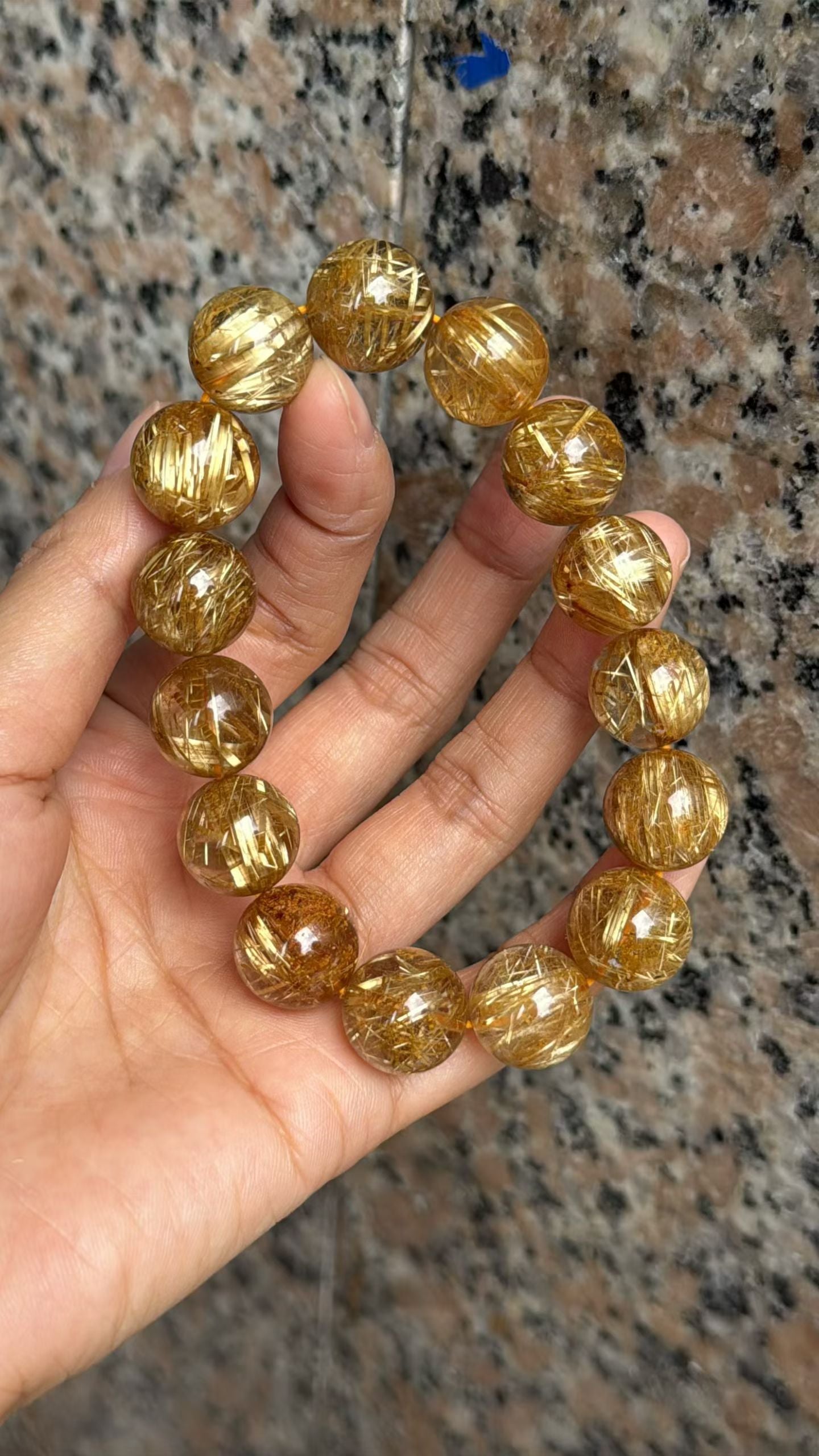 14MM Natural Golden Titanium Crystal Rutilated Quartz beaded bracelet