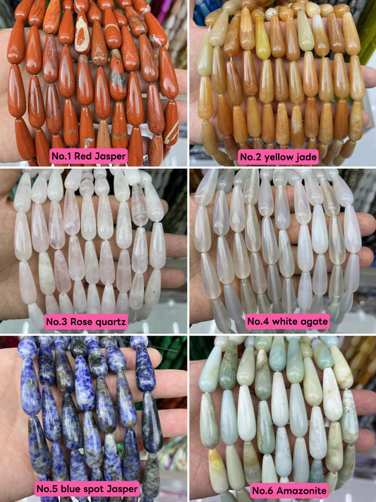 Natural Unakite Jasper , Aquamarine,Yellow Jade,White Howlite, Amazonite,Tigereyes,India Agate Smooth Teardrop Beads 10mm*30mm