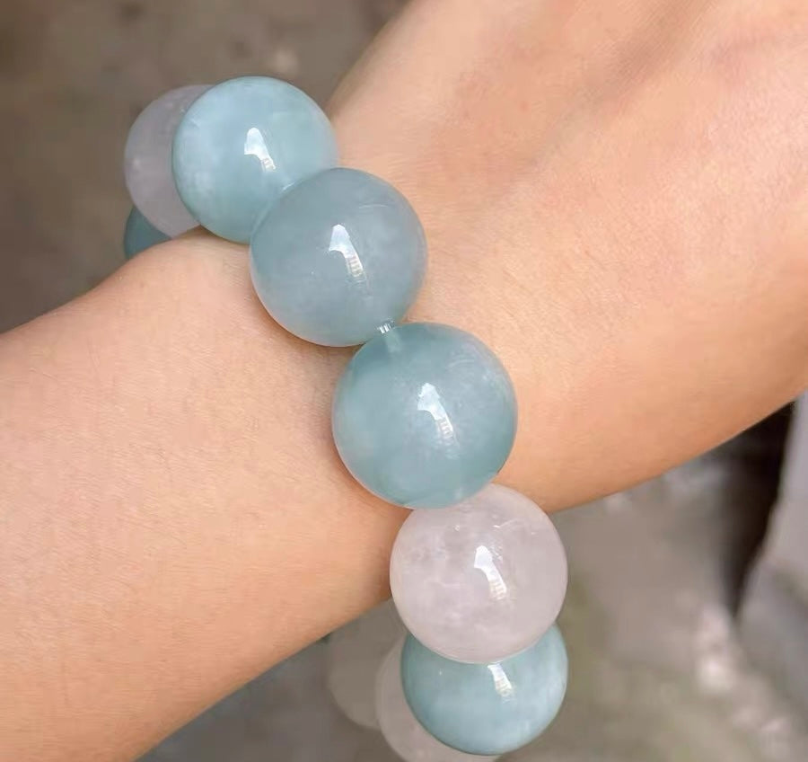 19mm Natural aquamarine and white phantom quartz Crystal beads bracelet
