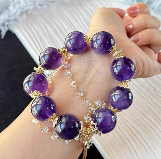 19mm Natural Purple Amethyst Quartz Crystal beaded bracelet