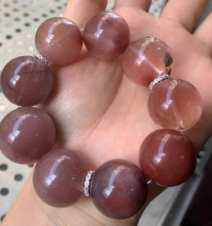 NATURAL Purple rabbit hair Rutilated Quartz Crystal beaded bracelet 22mm