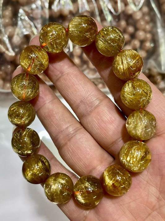 14mm Natural Gold Titanium Crystal Quartz beaded bracelet