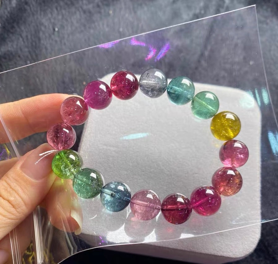 Natural Genuine Rainbow tourmaline purple blue red pink Green yellow color beads bracelet 12mm