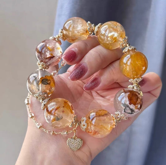 Natural pyrite in Hematoid Lepidocrocite Quartz Crystal beaded bracelet 20mm