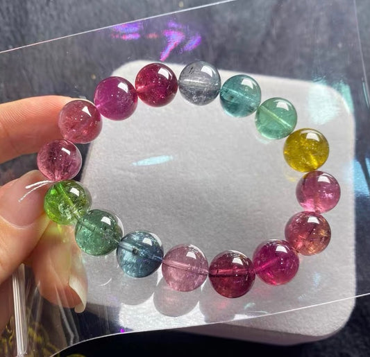 Natural Genuine Rainbow tourmaline purple blue red pink Green yellow color beads bracelet 12mm