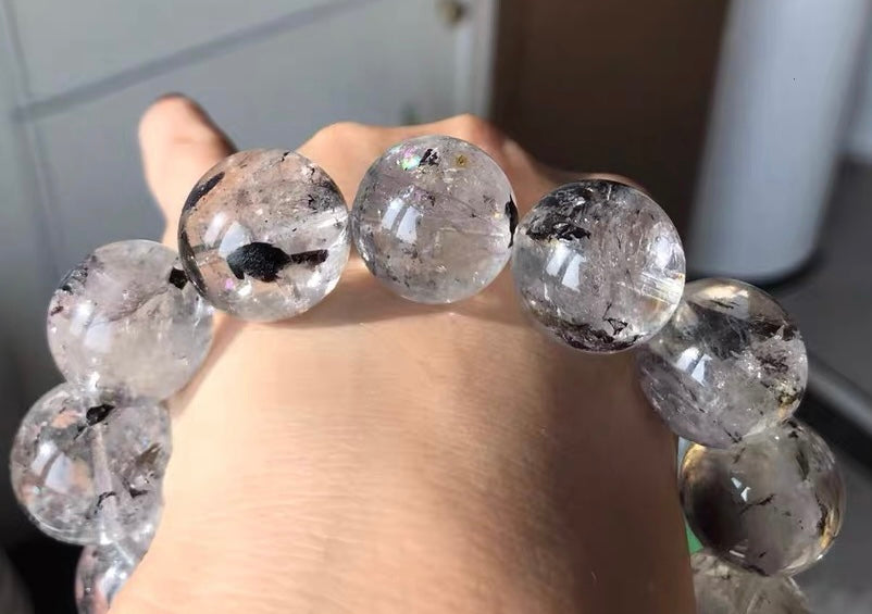 Natural Rainbow Herkimer diamond Quartz Crystal beads bracelet 18mm