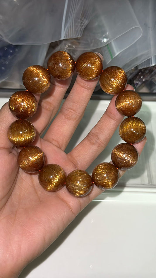 Natural Copper Titanium crystal Rutilated Quartz beaded bracelet 17mm