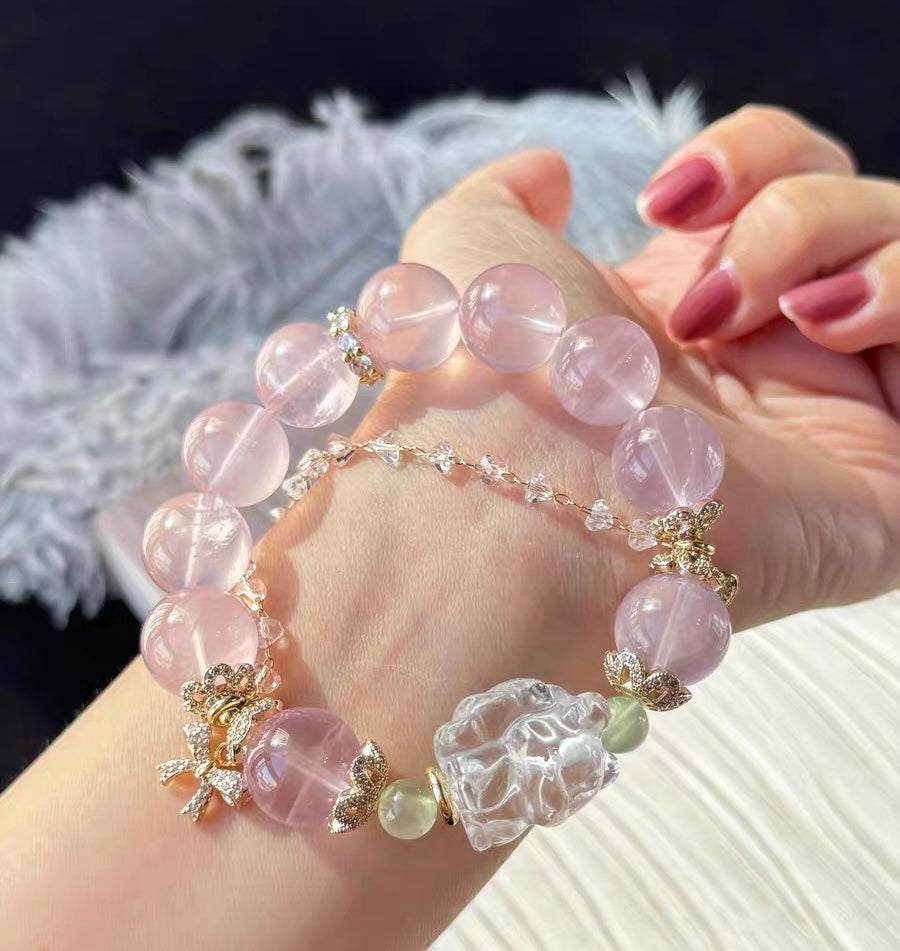 14mm Handmade pink rose quartz crystal beaded bracelet
