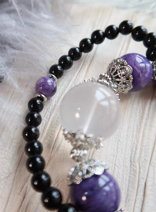 Natural Charoite purple and obsidian handmade beads bracelet