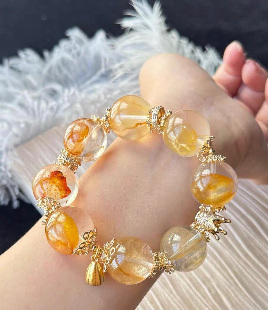 19mm Natural Yellow pyrite in Hematoid Lepidocrocite Quartz Crystal beaded bracelet