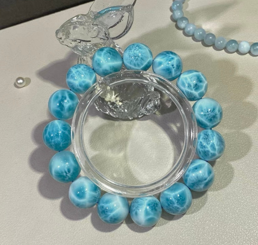 Natural blue Larimar beaded bracelet 14mm