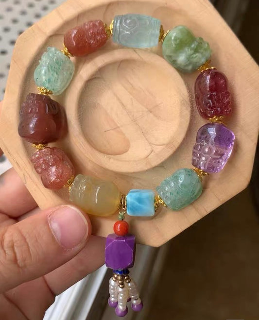 Natural Mixed Gemstone Crystal Carved beaded bracelet