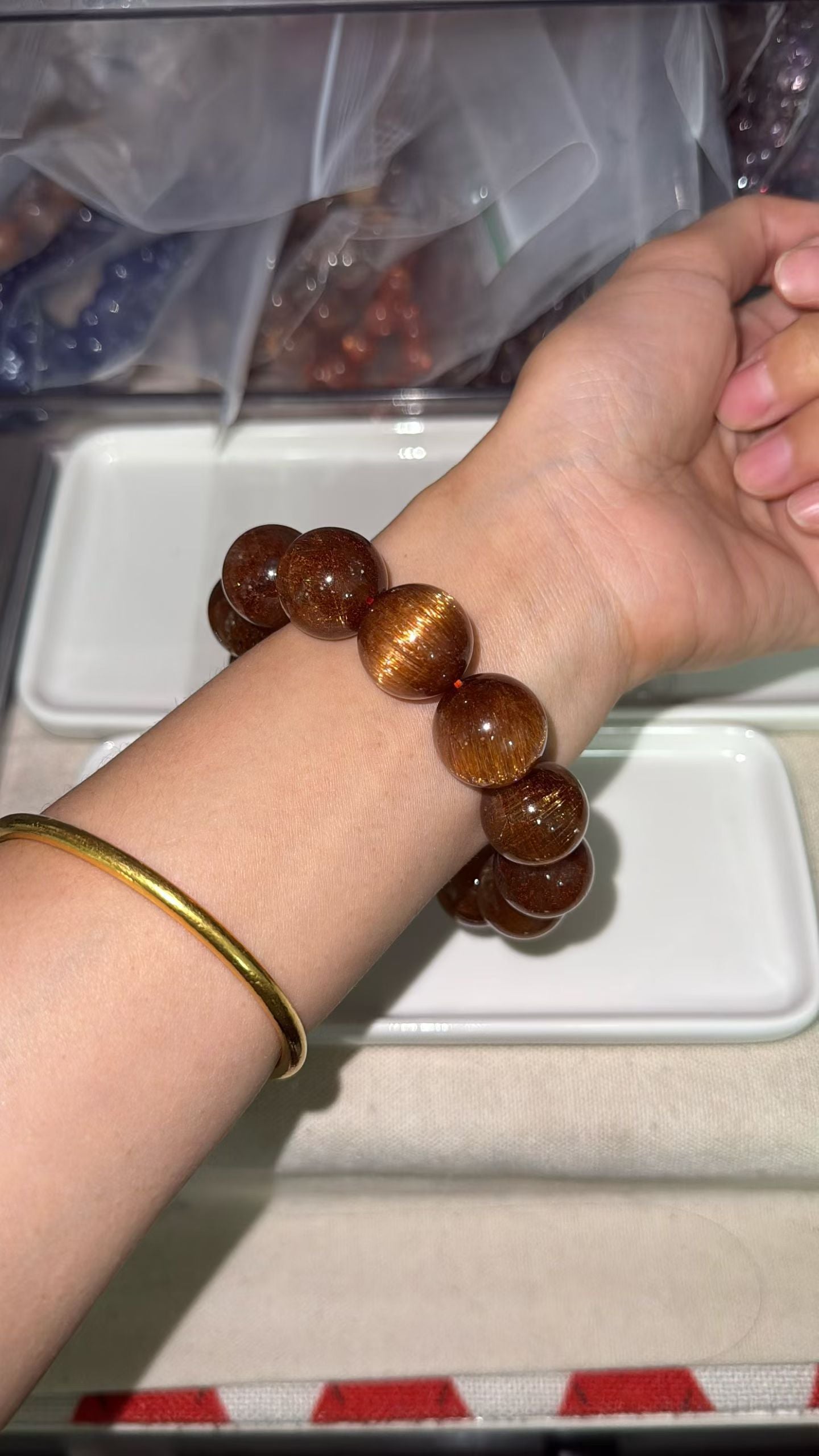 Natural Copper Titanium crystal Rutilated Quartz beaded bracelet 17mm