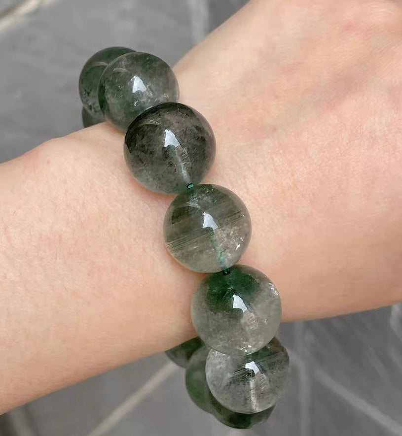 16mm Natural Green phantom quartz Crystal beaded bracelet