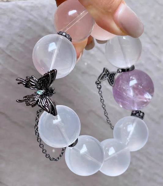 Natural Rock Quartz Crystal and Amethyst Quartz Crystal beaded bracelet,19mm