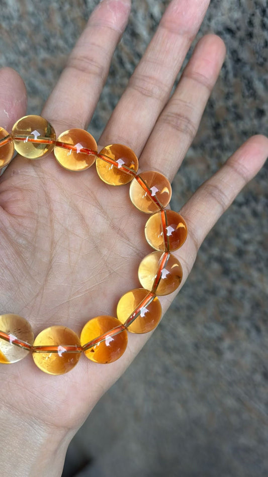 Natural yellow Citrine Quartz Crystal beaded bracelet 14.5mm
