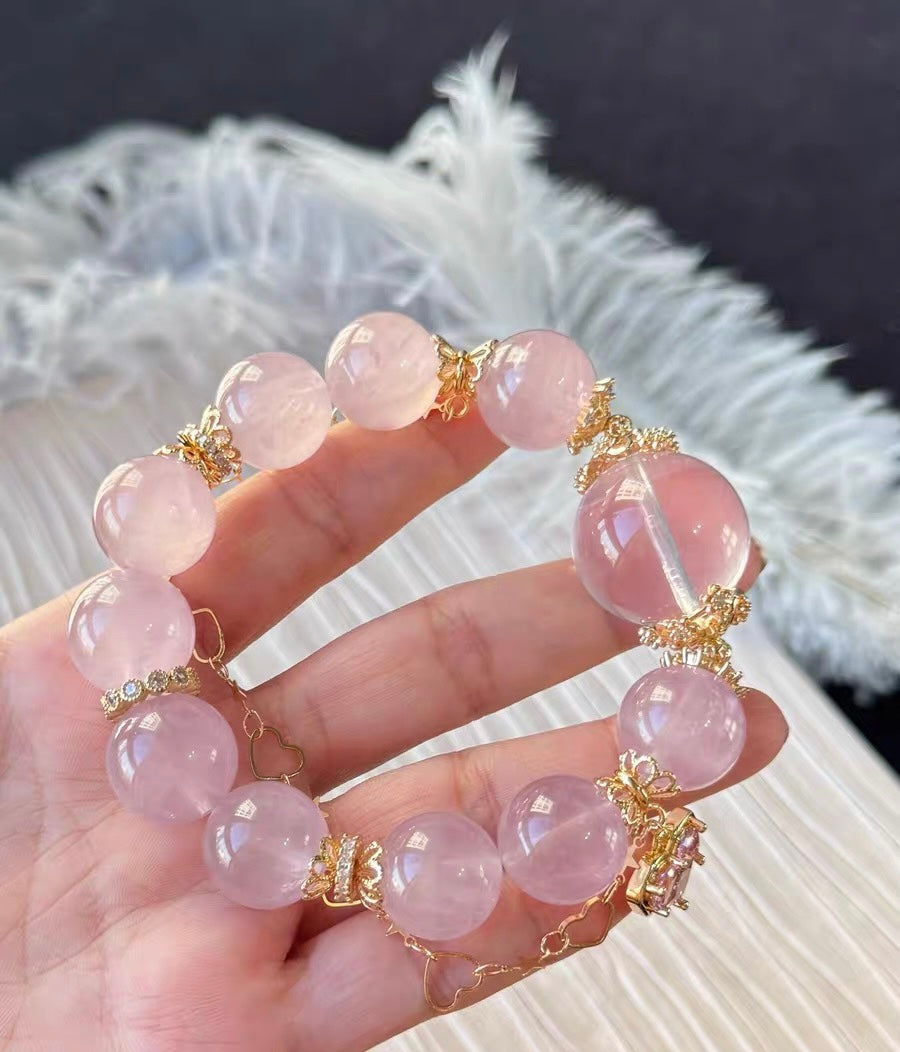 Natural pink Rose quartz Crystal beads bracelet 15mm