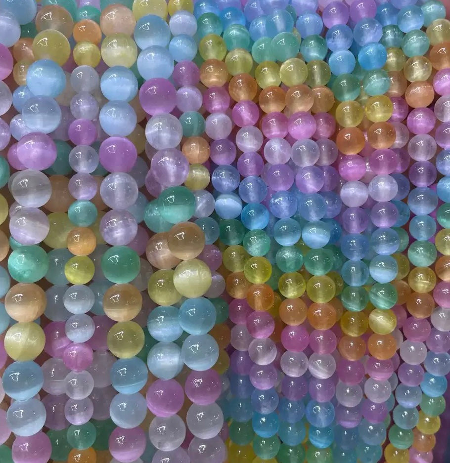 Natural Rainbow selenite smooth round loose strands beads