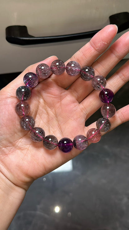 12.5mm Natural super seven Rutilated Quartz Crystal beads bracelet,Lepidocrocite in quartz,super7 bracelet