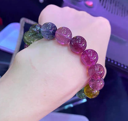 Natural Genuine Rainbow tourmaline purple blue red pink Green yellow color beads bracelet 12mm