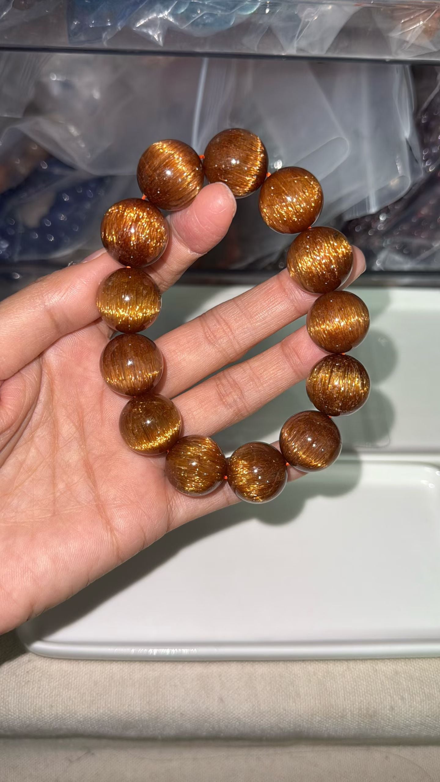 Natural Copper Titanium crystal Rutilated Quartz beaded bracelet 17mm