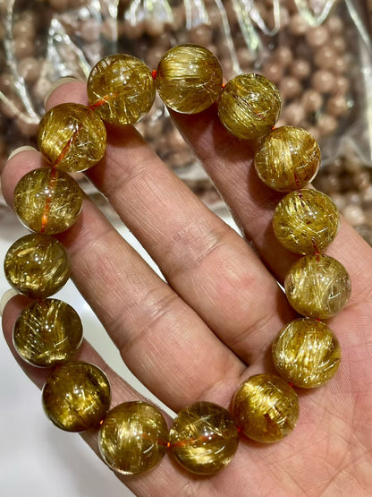 14mm Natural Gold Titanium Crystal Quartz beaded bracelet