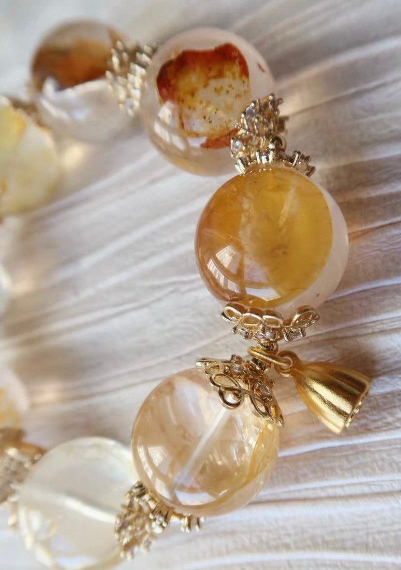 19mm Natural Yellow pyrite in Hematoid Lepidocrocite Quartz Crystal beaded bracelet