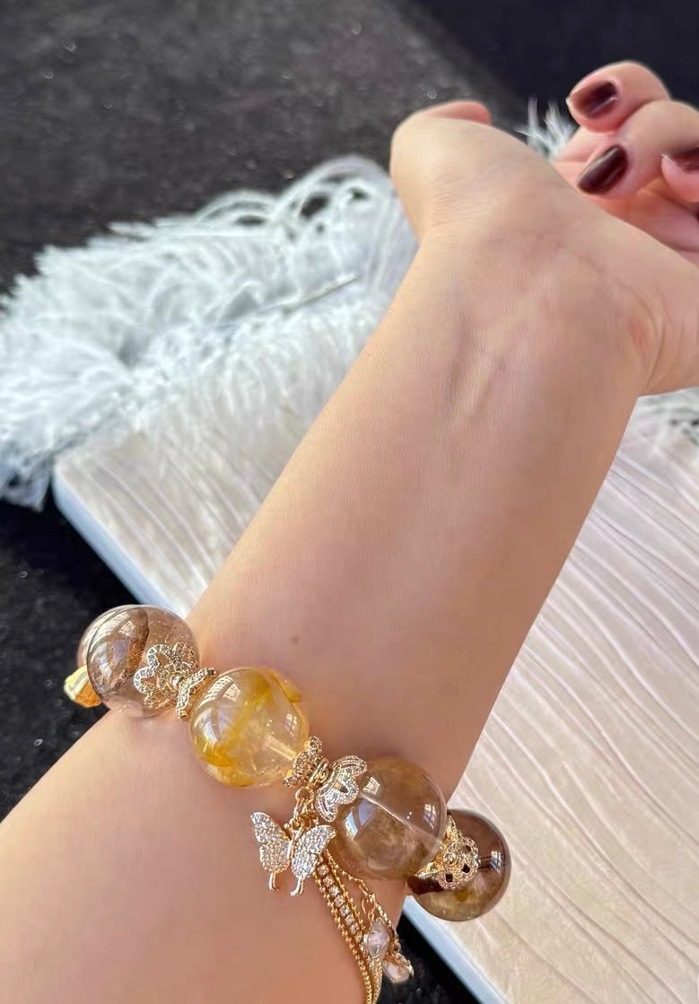 Natural yellow pyrite Hematoid Lepidocrocite Quartz Crystal beads bracelet,19mm