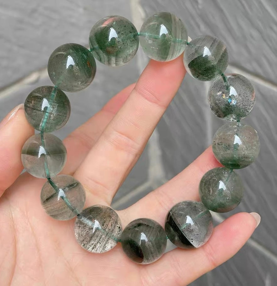 16mm Natural Green phantom quartz Crystal beaded bracelet