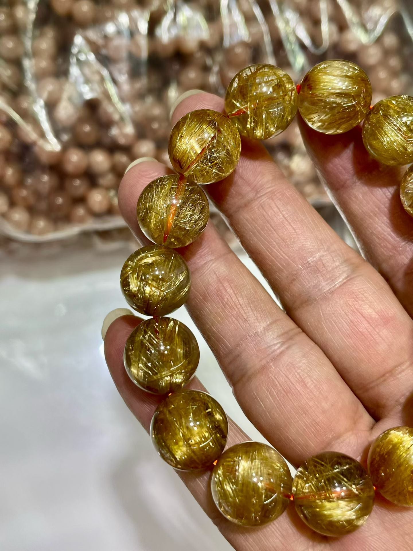 14mm Natural Gold Titanium Crystal Quartz beaded bracelet