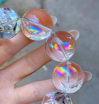 23mm Natural Rainbow White ASai Rock Quartz Crystal beaded bracelet