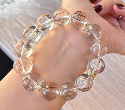 15mm Natural Black Golden super seven Rutilated Quartz Crystal beaded bracelet