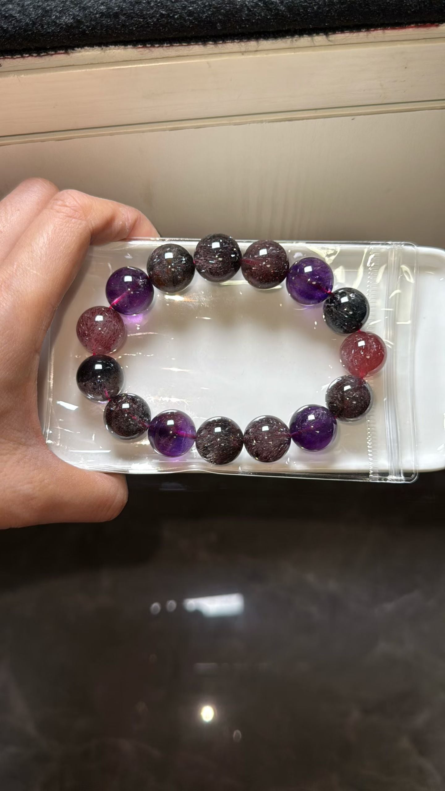 Purple Red Super seven Rutilated Quartz Crystal beaded bracelet 15mm,Lepidocrocite in crystal