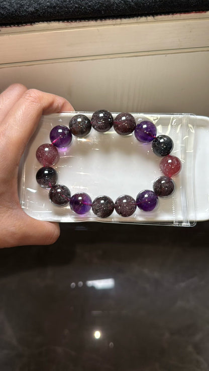 Purple Red Super seven Rutilated Quartz Crystal beaded bracelet 15mm,Lepidocrocite in crystal
