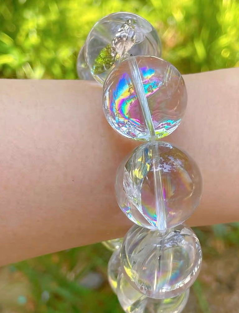 23mm Natural Rainbow White ASai Rock Quartz Crystal beaded bracelet