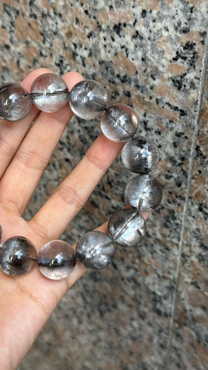 17mm High Quality Rare Natural Genuine Black Brookite Platinum Silver Rutilated Quartz Bracelet healing energy bracelet