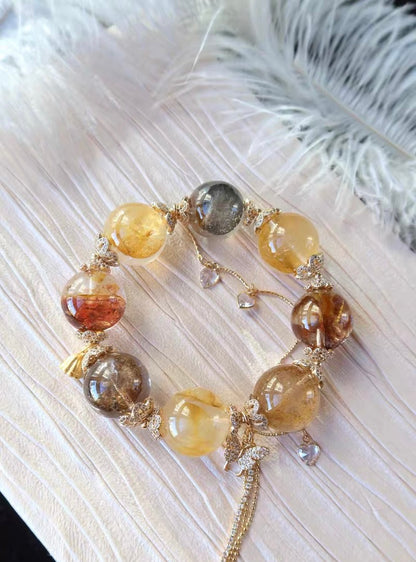 Natural yellow pyrite Hematoid Lepidocrocite Quartz Crystal beads bracelet,19mm