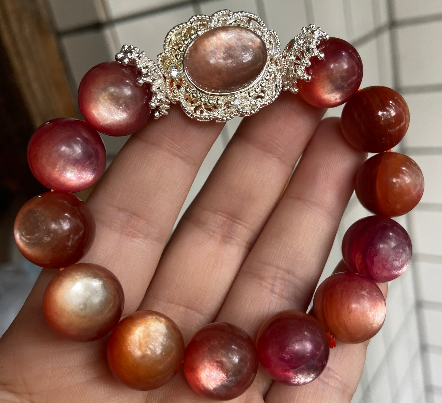 Rare Orange Lepidolite handmade bracelet 14mm