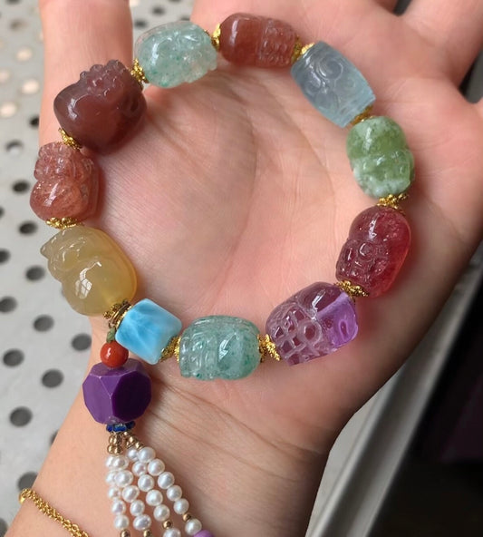 Natural Mixed Gemstone Crystal Carved beaded bracelet