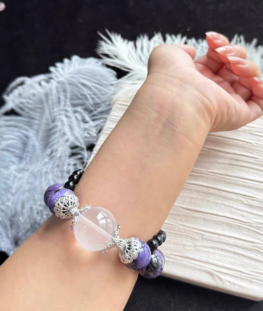 Natural Charoite purple and obsidian handmade beads bracelet