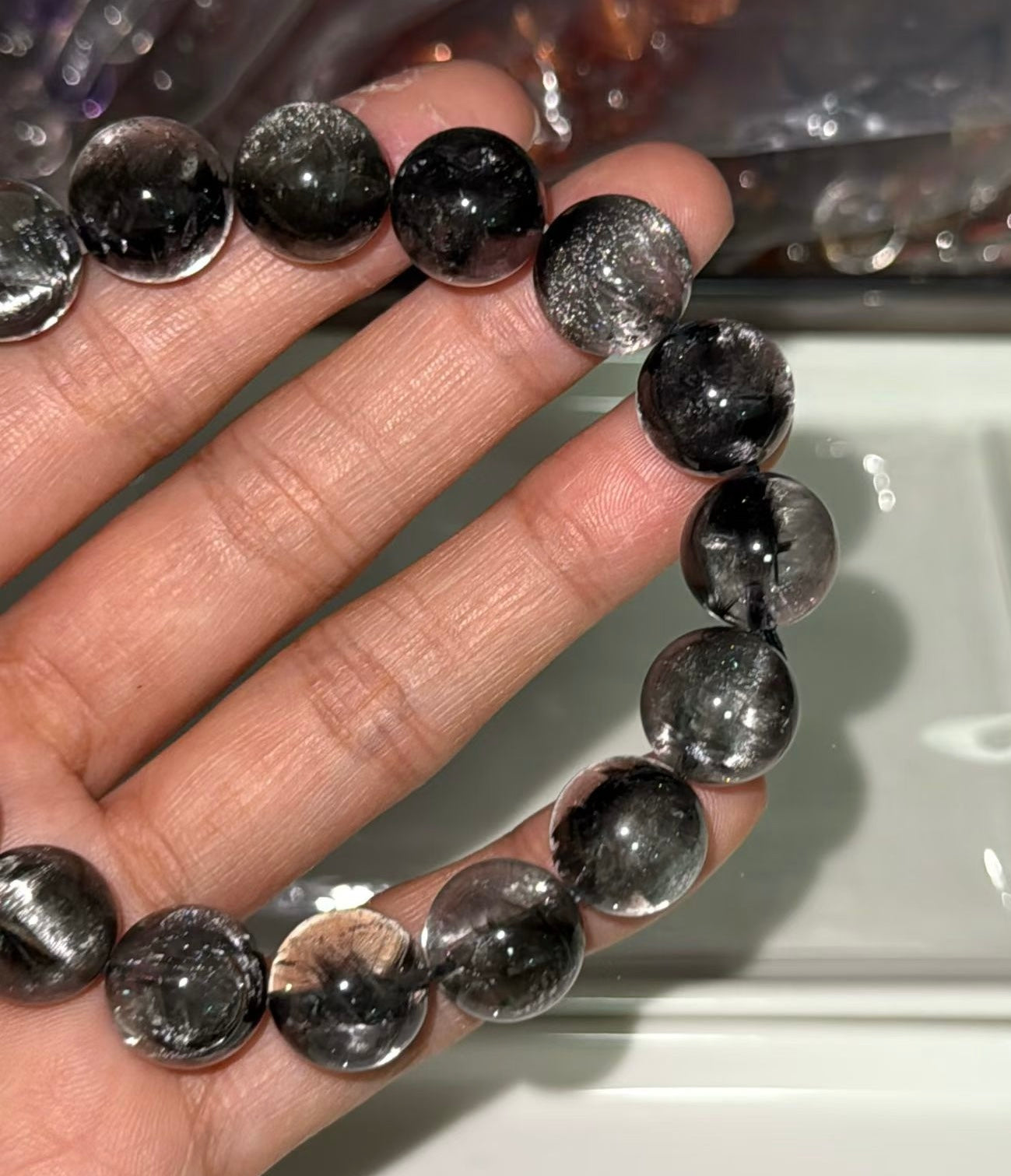 12mm High Quality Rare Natural Genuine Black Brookite Platinum Silver Rutilated Quartz Bracelet healing energy bracelet