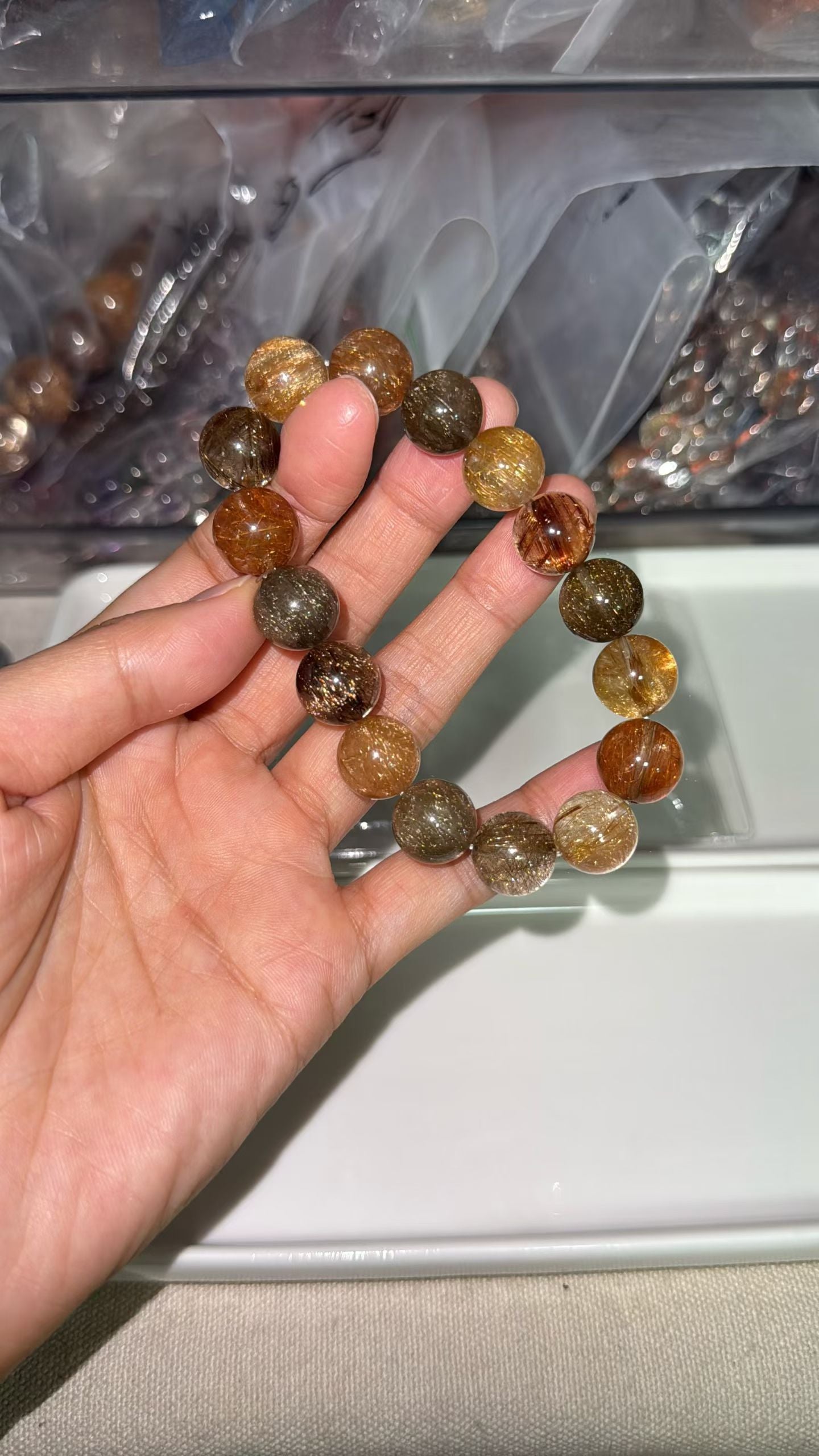 Multicolor Rutilated Quartz Crystal beaded bracelet 12mm