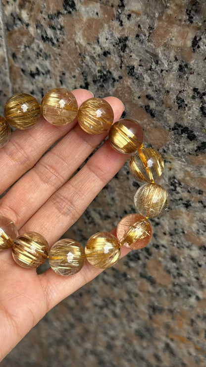 15mm Natural Titanium Crystal Rutilated Quartz Crystal beaded bracelet