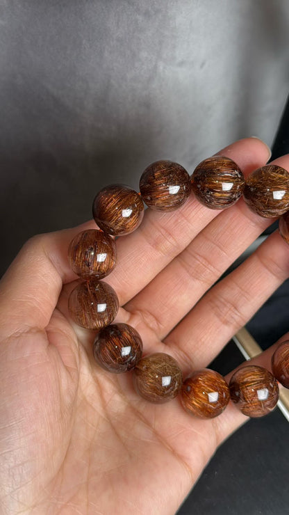 Natural Genuine Red copper Rutilated Quartz Crystal beads bracelet 15mm
