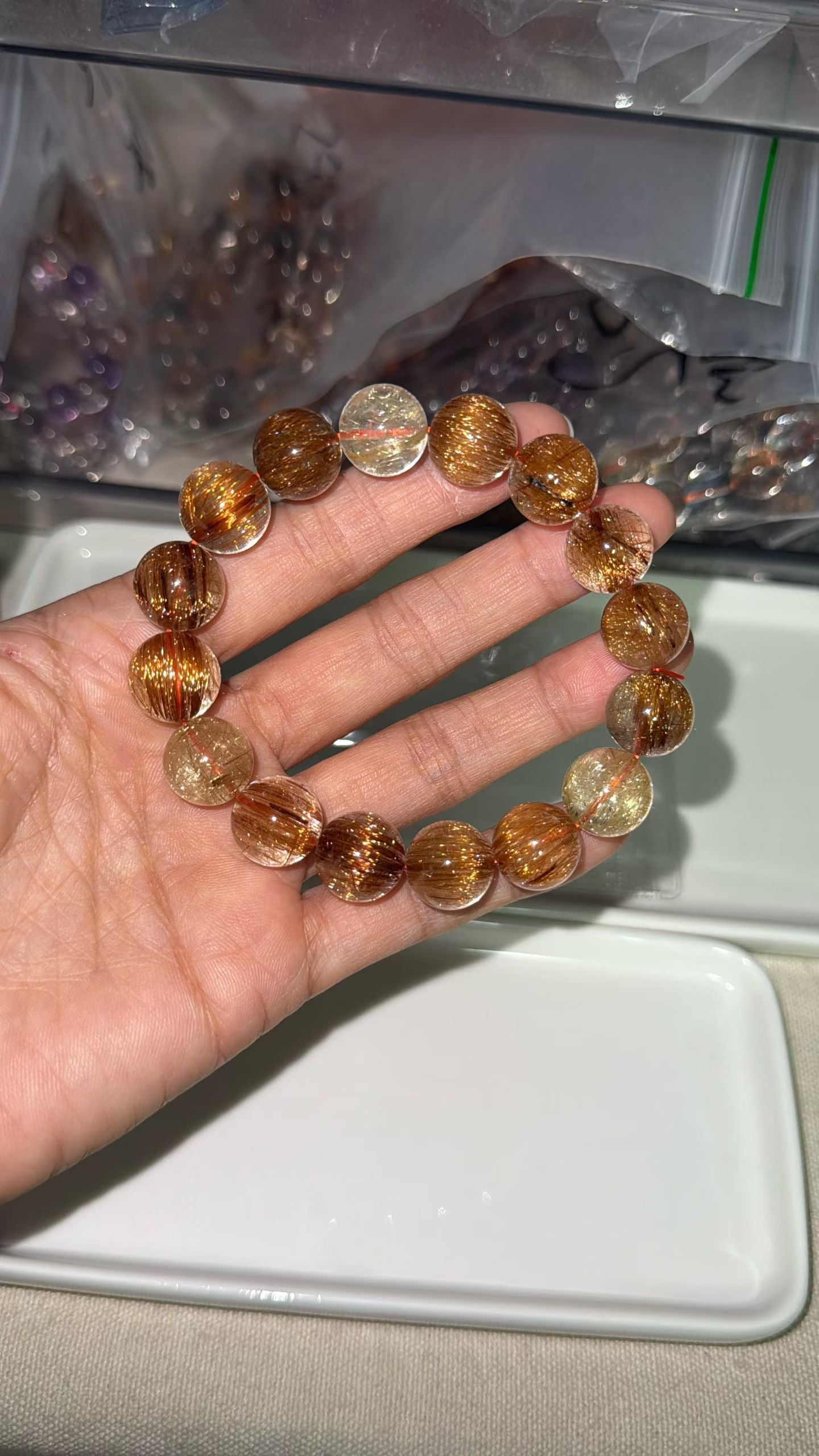 Natural Multicolor Rutilated Quartz Crystal beads bracelet 13mm