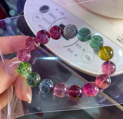 Natural Genuine Rainbow tourmaline purple blue red pink Green yellow color beads bracelet 12mm