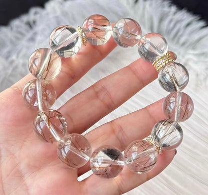 15mm Natural Black Golden super seven Rutilated Quartz Crystal beaded bracelet