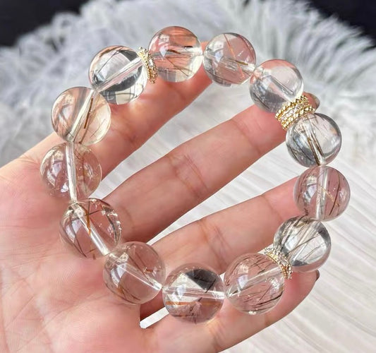 15mm Natural Black Golden super seven Rutilated Quartz Crystal beaded bracelet